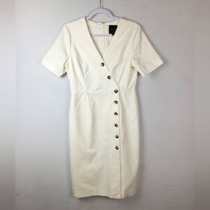 Alex Marie Asymetrical Button Up White Vneck Short Sleeve Midi Sheath Dress 6